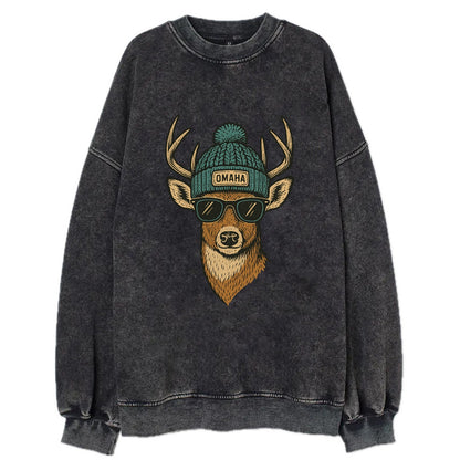 Nebraska White-tailed Deer wearing Omaha beanie with pom pom and wayfarer - Vintage Sweatshirt - Black