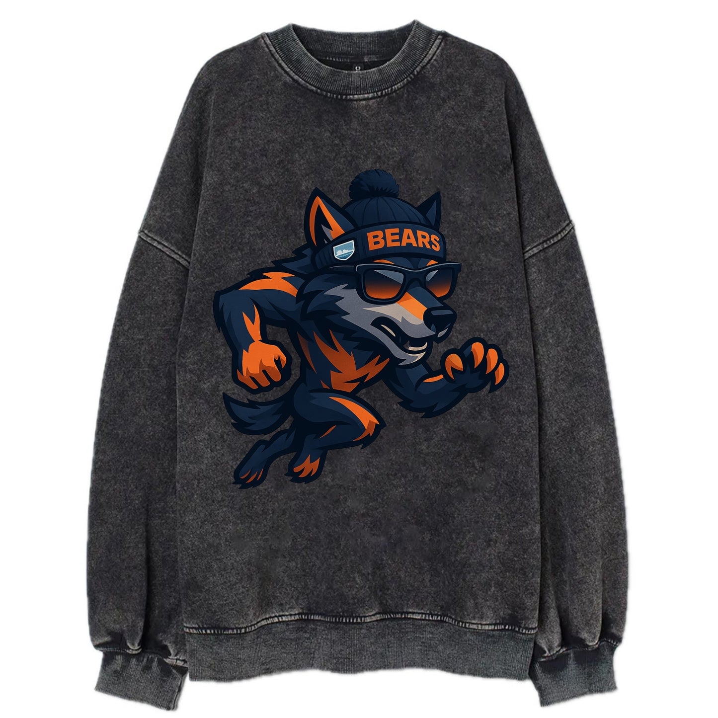 Chicago Wolf wearing Bears beanie with Lake Michigan patch and wayfarer - Vintage Sweatshirt - Black