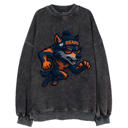 Chicago Wolf wearing Bears beanie with Lake Michigan patch and wayfarer - Vintage Sweatshirt - Black