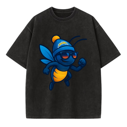 LA Lightning Bug wearing Chargers powder blue and gold beanie with pom pom and - Vintage T-shirt - Black