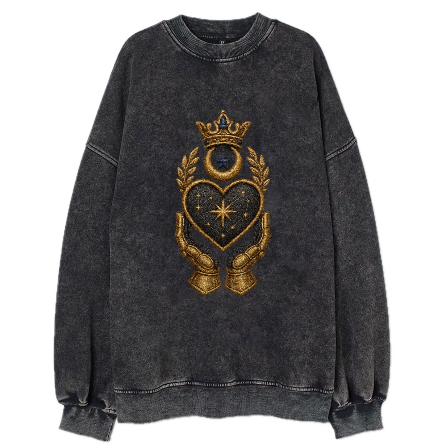 Crowned heart with Art Deco sunburst crown and geometric filigree hands - Vintage Sweatshirt - Black