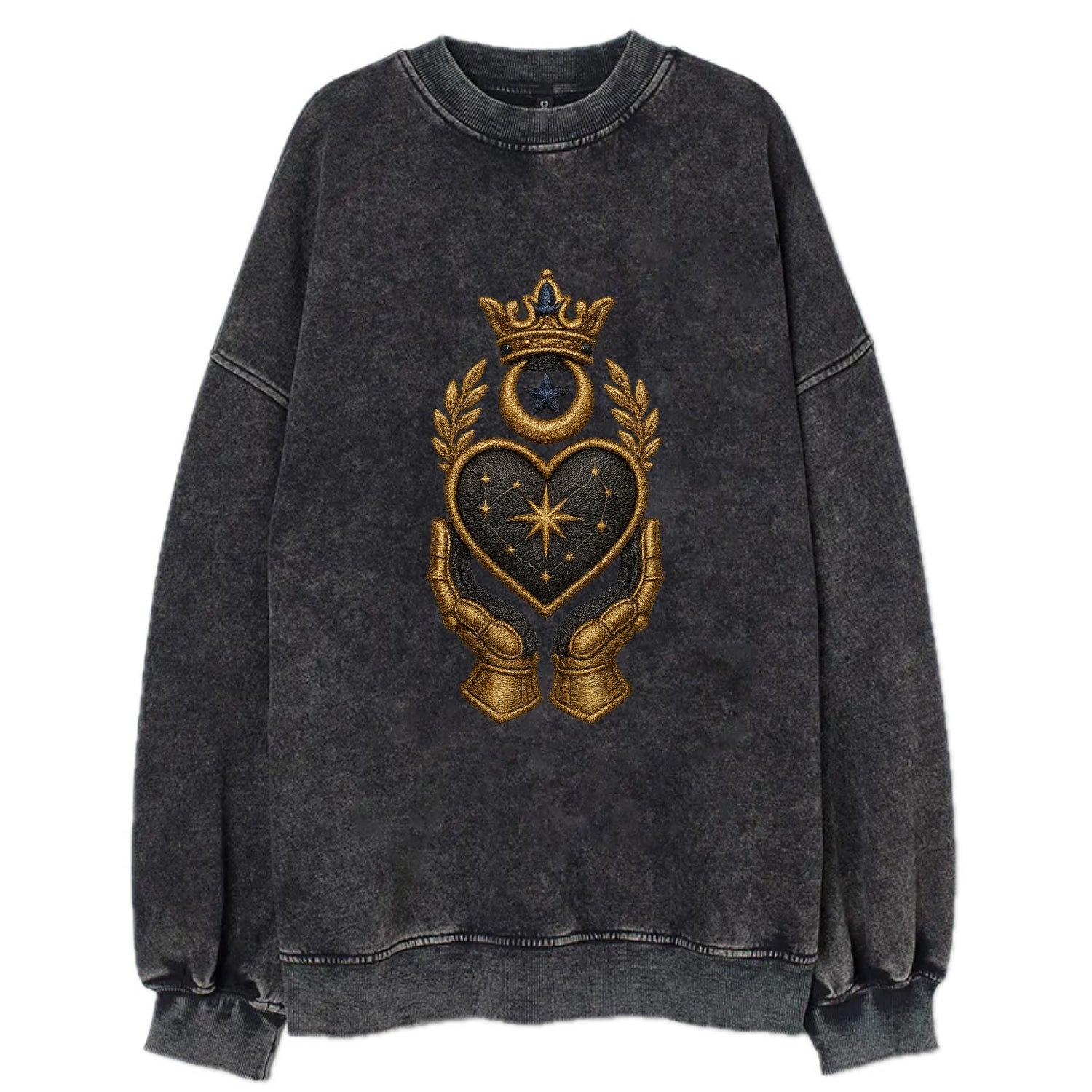 Crowned heart with Art Deco sunburst crown and geometric filigree hands - Vintage Sweatshirt - Black