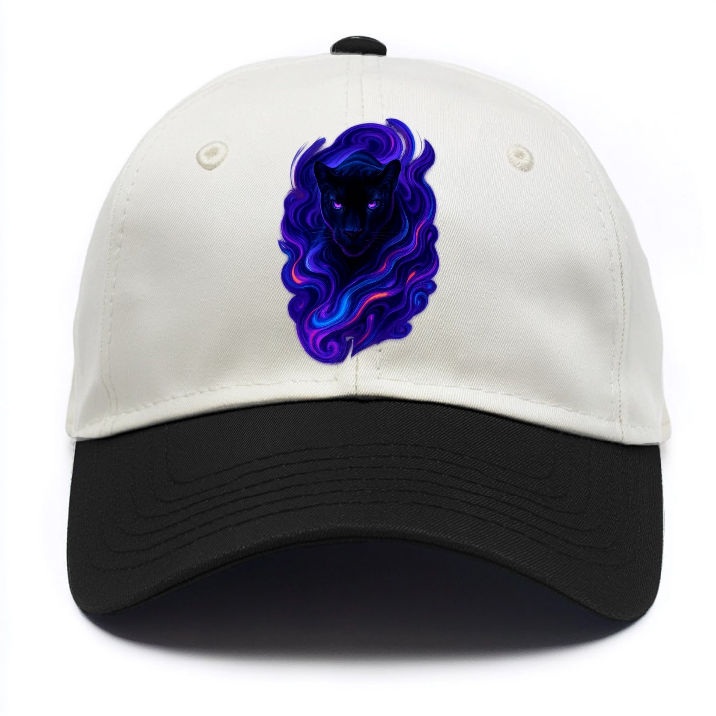 Sleek black panther emerging from swirls of deep purple and electric blue, - Two Tone Cap - Black