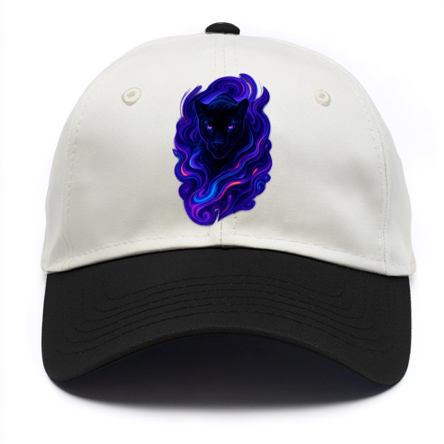 Sleek black panther emerging from swirls of deep purple and electric blue, - Two Tone Cap - Black