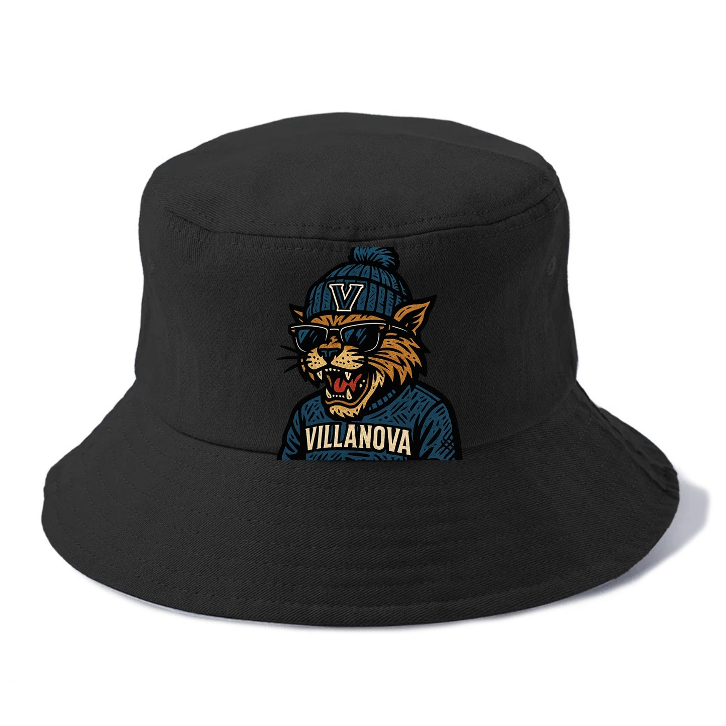 Villanova Wildcat wearing Villanova beanie with V patch - Bucket Hat - Black