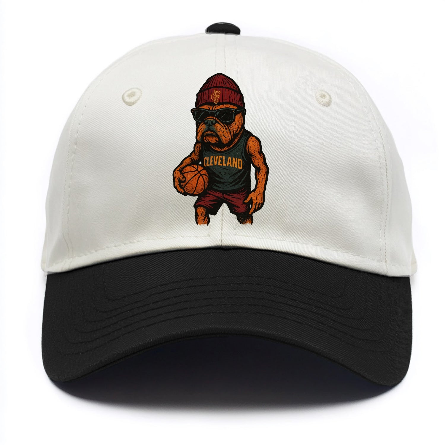Cleveland Bulldog wearing Cavaliers wine and gold beanie with sword patch and - Two Tone Cap - Black