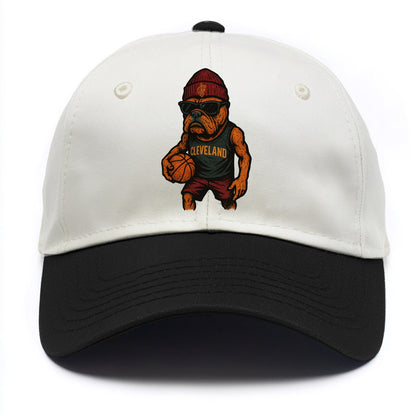 Cleveland Bulldog wearing Cavaliers wine and gold beanie with sword patch and - Two Tone Cap - Black