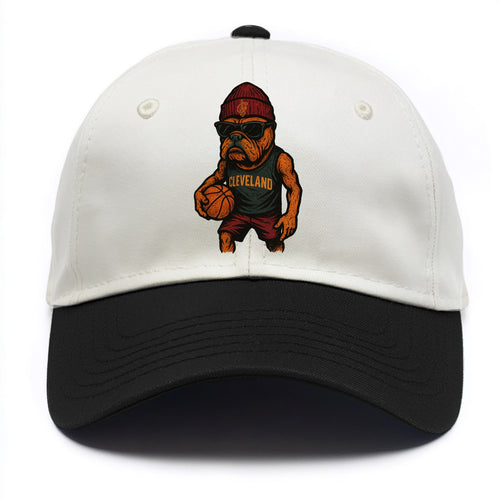 Cleveland Bulldog wearing Cavaliers wine and gold beanie with sword patch and - Two Tone Cap