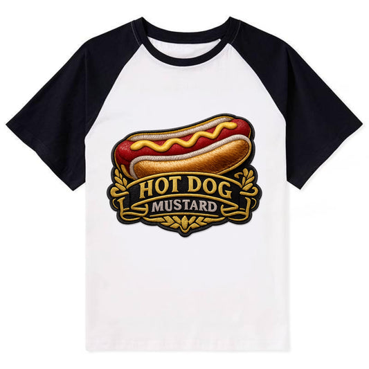HOT DOG MUSTARD - classic hot dog in tan yellow red , ballpark food - Contrast Raglan T-shirt - Black