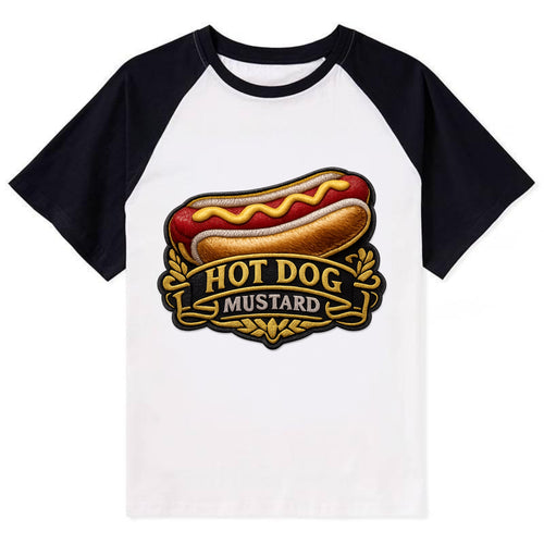 HOT DOG MUSTARD - classic hot dog in tan yellow red , ballpark food - Contrast Raglan T-shirt