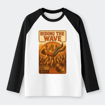 Crowd surfing at packed concert - "Riding the Wave" - concert energy - Raglan Long Sleeve T-Shirt - Black