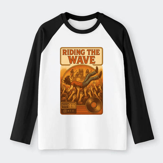Crowd surfing at packed concert - "Riding the Wave" - concert energy - Raglan Long Sleeve T-Shirt - Black