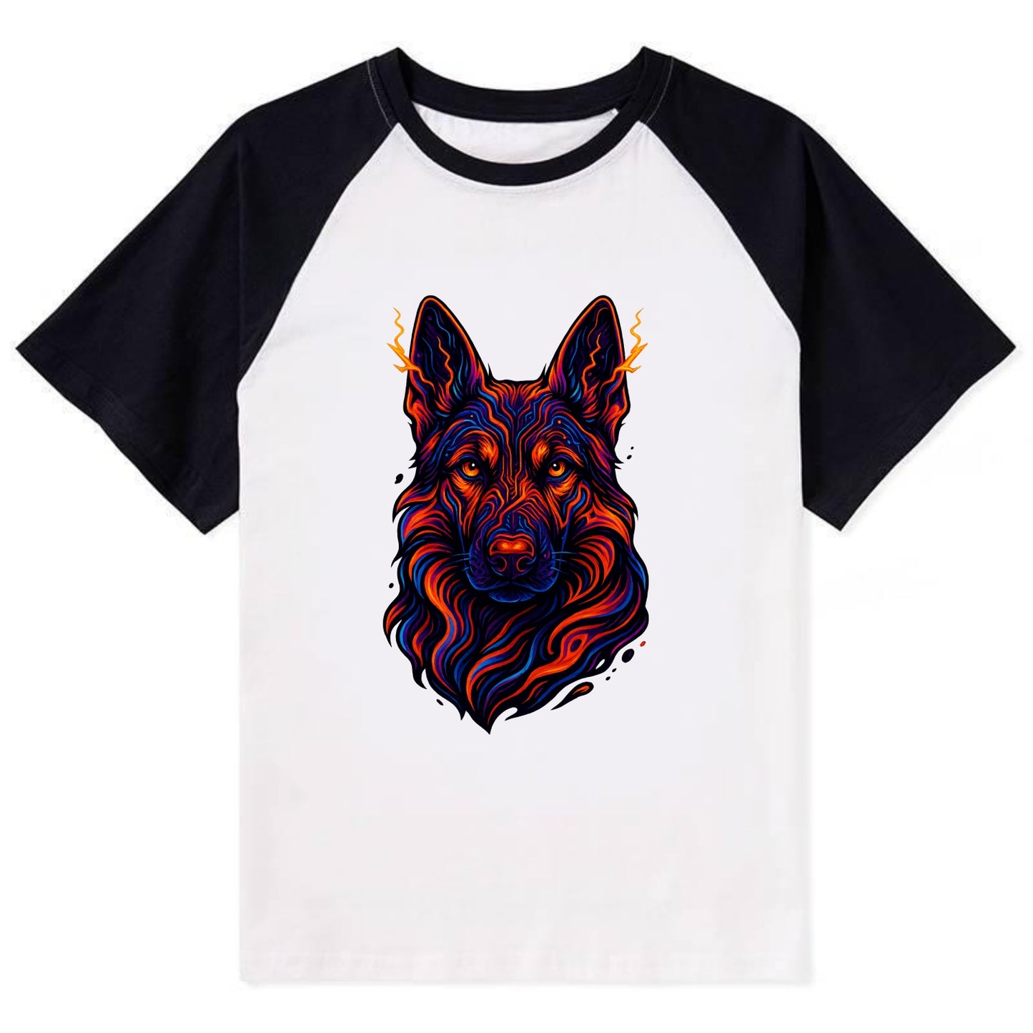 Alert German Shepherd with cyber circuit patterns in the fur, neon orange - Contrast Raglan T-shirt - Black