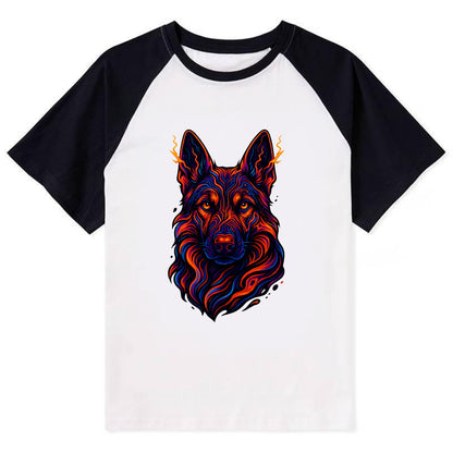 Alert German Shepherd with cyber circuit patterns in the fur, neon orange - Contrast Raglan T-shirt - Black