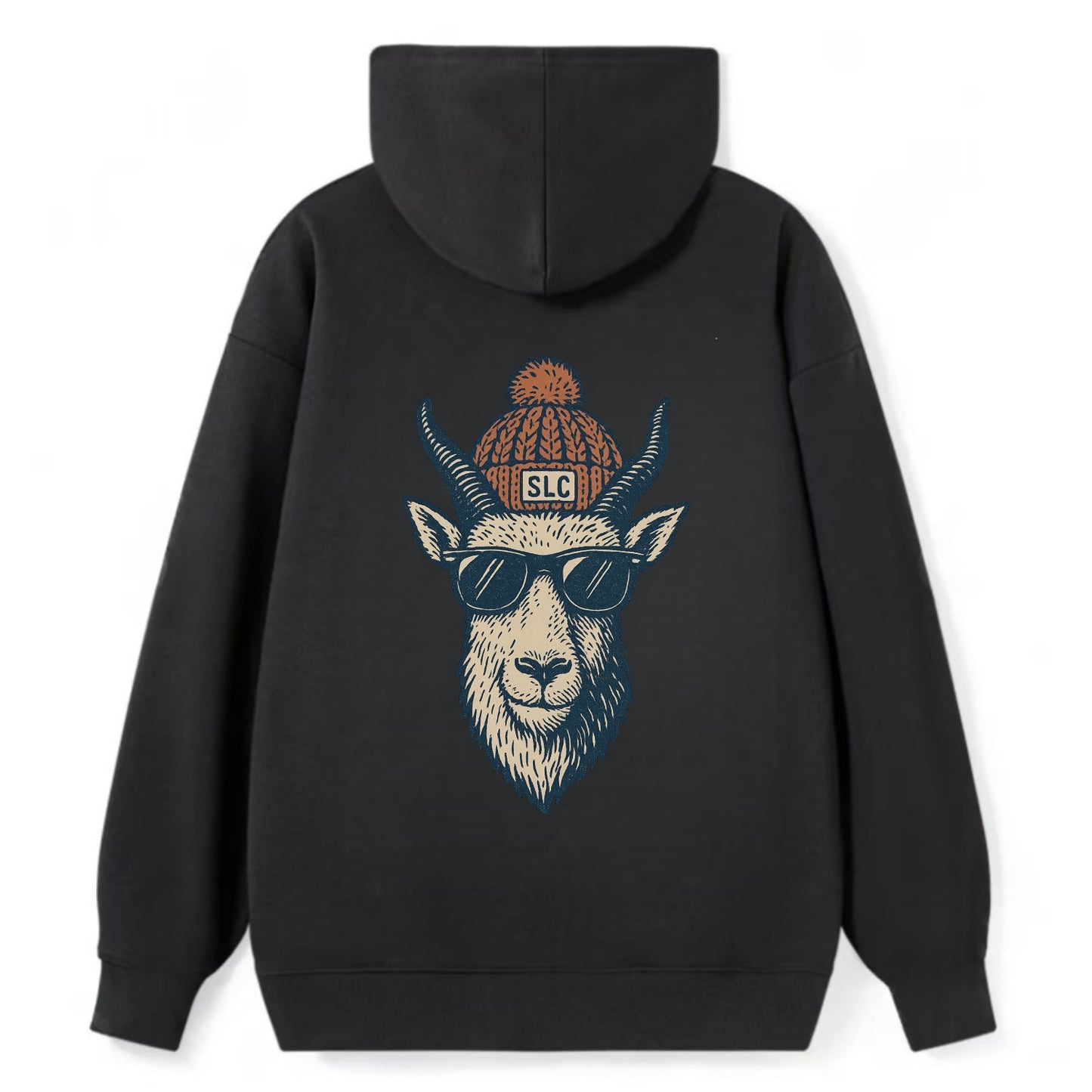 Salt Lake City Mountain Goat wearing SLC beanie with pom pom and wayfarer - Classic Pullover Hoodie - Black