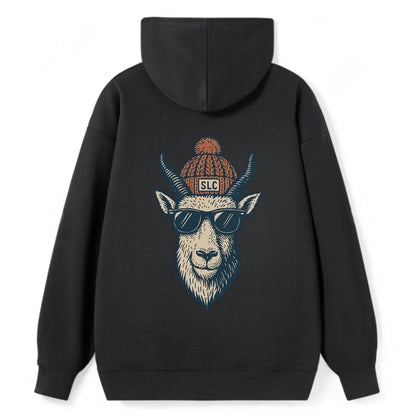 Salt Lake City Mountain Goat wearing SLC beanie with pom pom and wayfarer - Classic Pullover Hoodie - Black