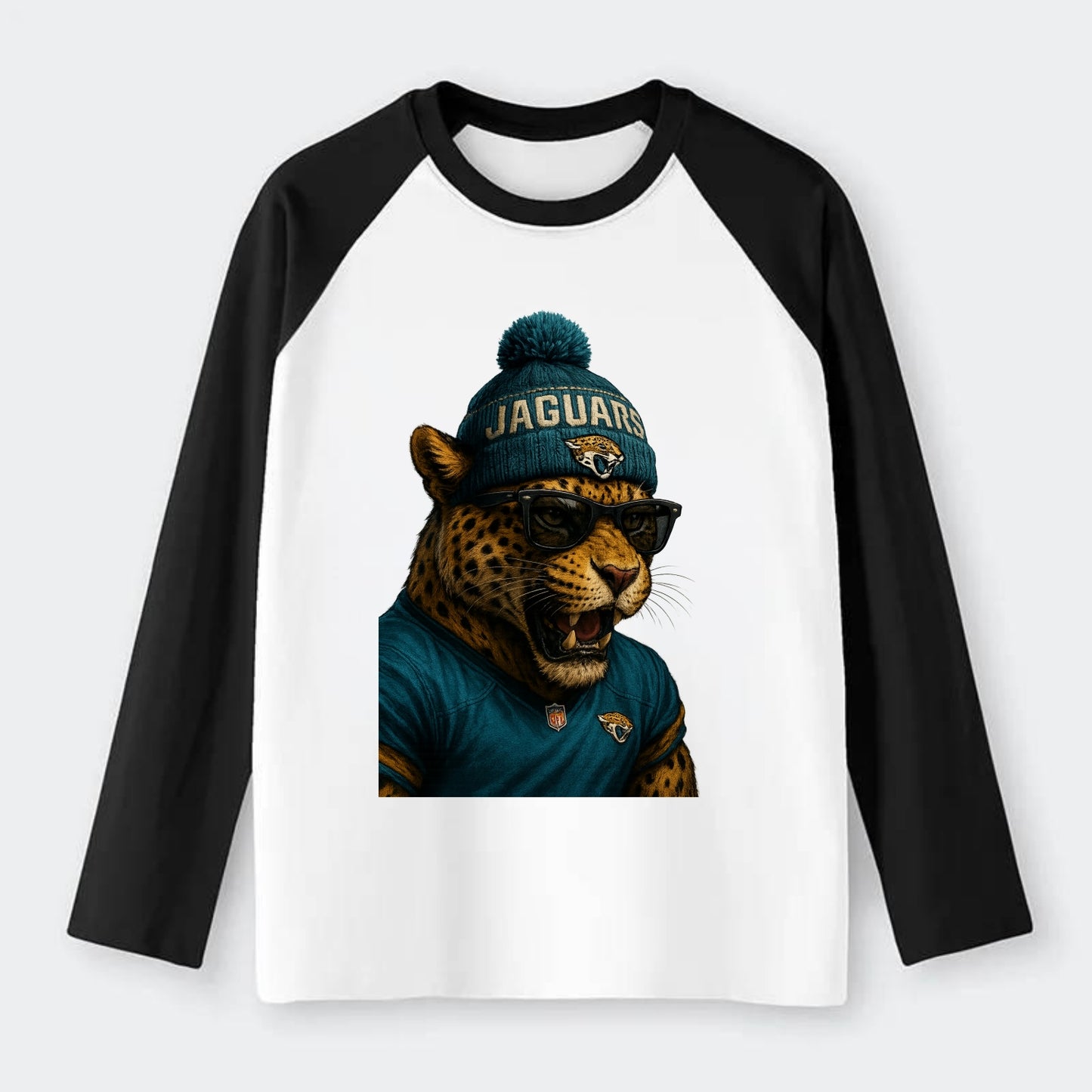 Jacksonville Jaguar wearing Jaguars teal and gold beanie with pom pom - Raglan Long Sleeve T-Shirt - Black