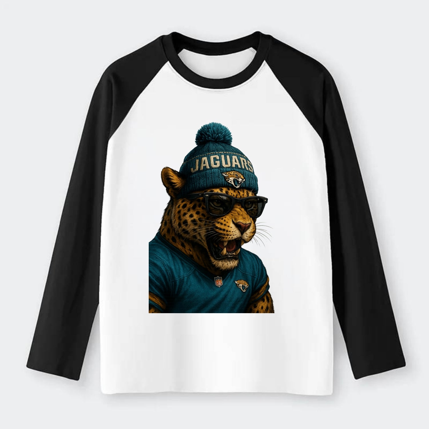 Jacksonville Jaguar wearing Jaguars teal and gold beanie with pom pom - Raglan Long Sleeve T-Shirt - Black