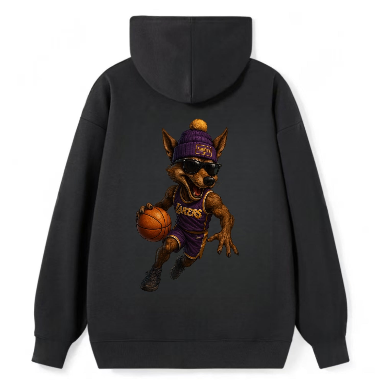 Hollywood Coyote wearing Lakers beanie with Showtime patch and wayfarer - Classic Pullover Hoodie - Black