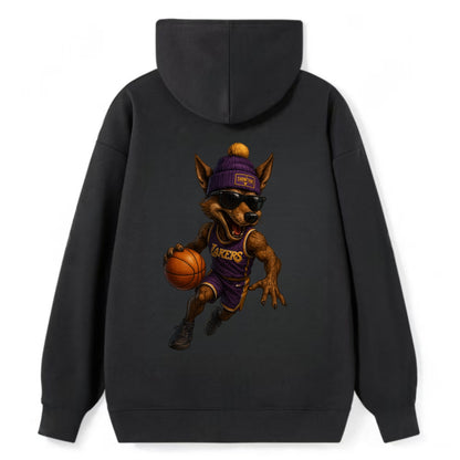 Hollywood Coyote wearing Lakers beanie with Showtime patch and wayfarer - Classic Pullover Hoodie - Black
