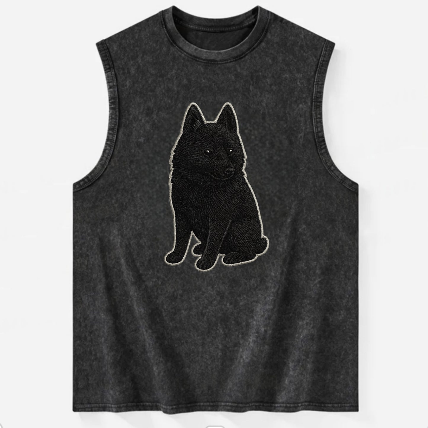 Schipperke - Solid black small embroidered sitting pose - Vintage Washed Tank - Black