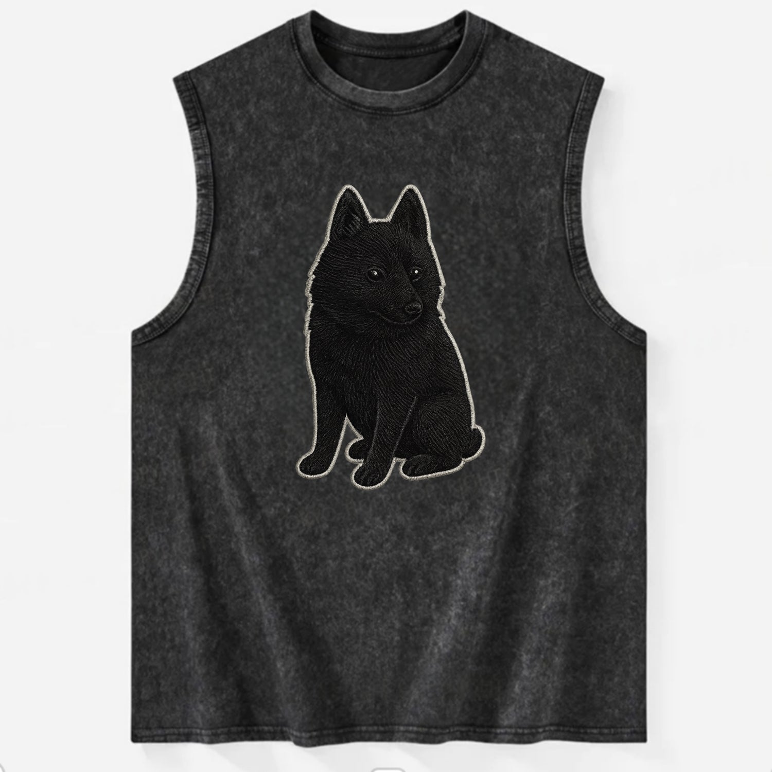 Schipperke - Solid black small embroidered sitting pose - Vintage Washed Tank - Black