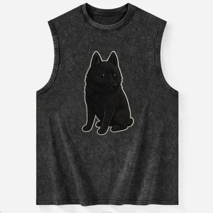 Schipperke - Solid black small embroidered sitting pose - Vintage Washed Tank - Black
