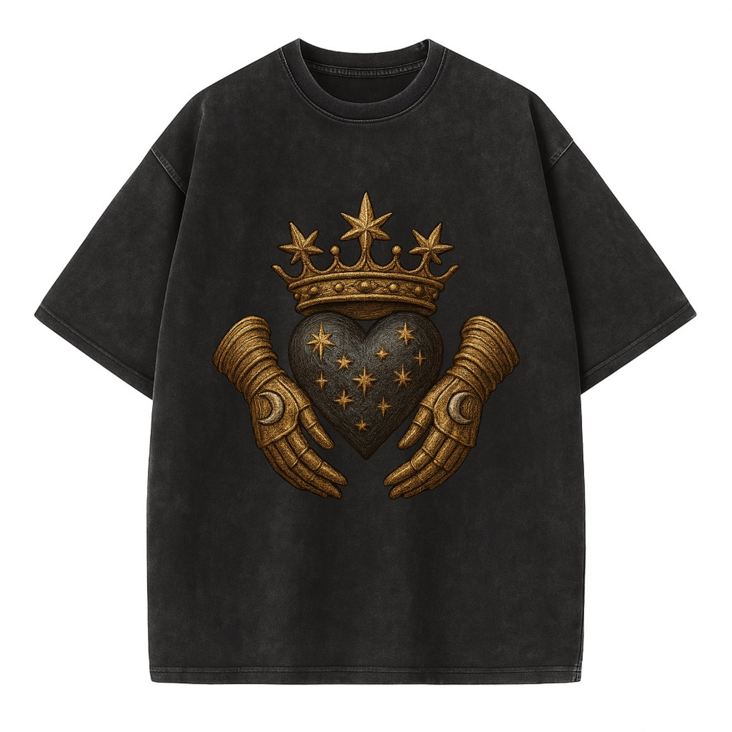 Ice crystal crown framing a frosted heart with fur-trimmed winter hands embracing - Vintage T-shirt - Black