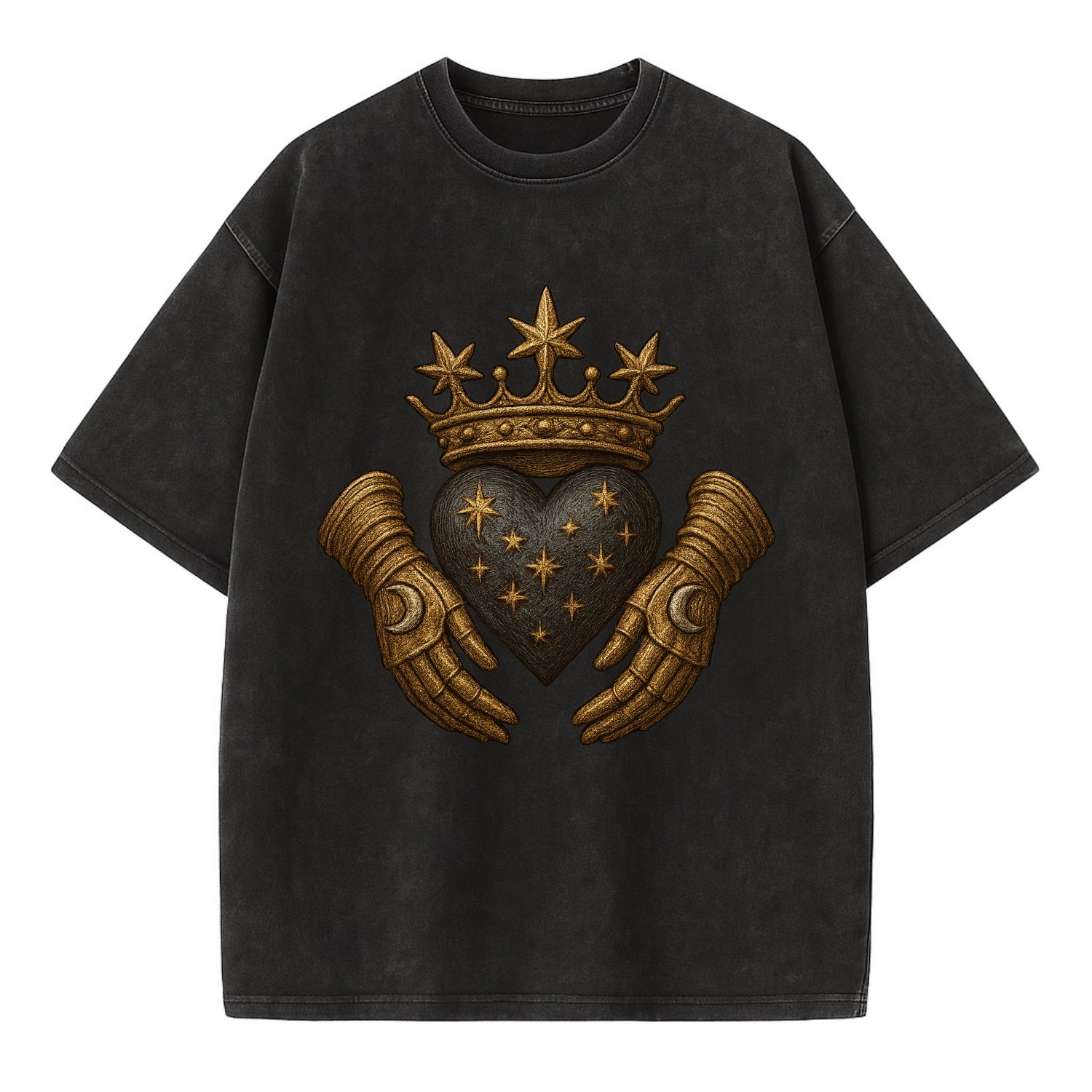 Ice crystal crown framing a frosted heart with fur-trimmed winter hands embracing - Vintage T-shirt - Black