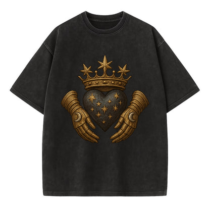 Ice crystal crown framing a frosted heart with fur-trimmed winter hands embracing - Vintage T-shirt - Black