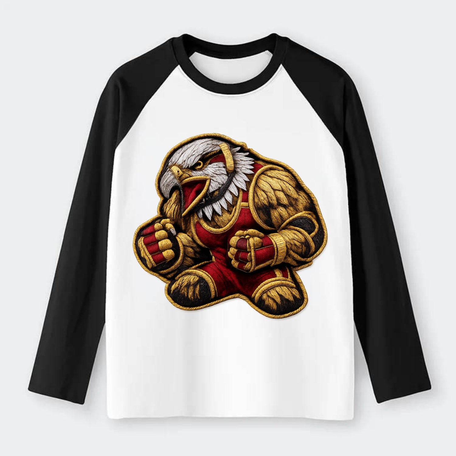 Embroidered patch design - WRESTLING EAGLE - fierce eagle with - Raglan Long Sleeve T-Shirt - Black
