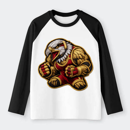 Embroidered patch design - WRESTLING EAGLE - fierce eagle with - Raglan Long Sleeve T-Shirt - Black