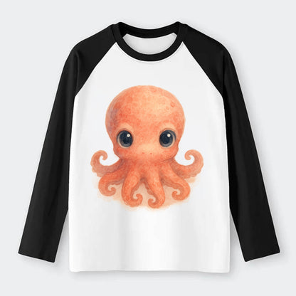 Baby Octopus - red-orange, eight tiny tentacles curled, large - Raglan Long Sleeve T-Shirt - Black