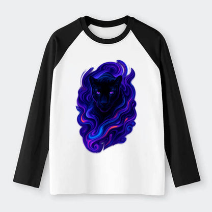 Sleek black panther emerging from swirls of deep purple and electric - Raglan Long Sleeve T-Shirt - Black