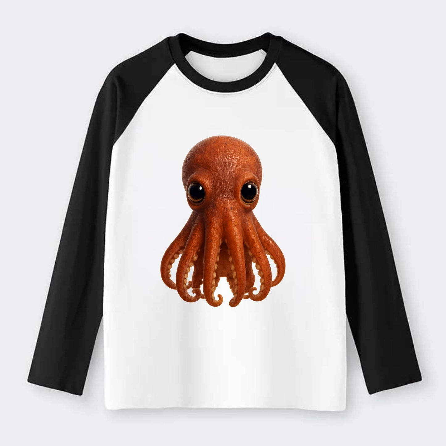 Baby Giant Pacific Octopus - reddish, smaller tentacles, expressive - Raglan Long Sleeve T-Shirt - Black