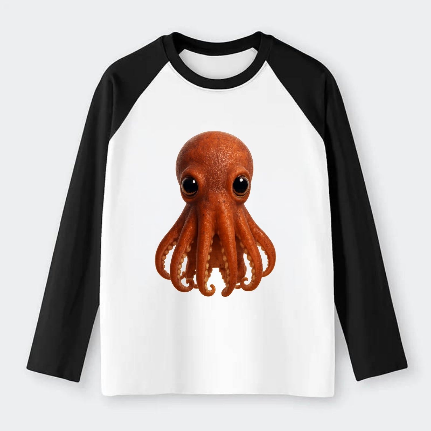 Baby Giant Pacific Octopus - reddish, smaller tentacles, expressive - Raglan Long Sleeve T-Shirt - Black