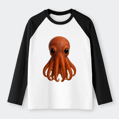 Baby Giant Pacific Octopus - reddish, smaller tentacles, expressive - Raglan Long Sleeve T-Shirt - Black
