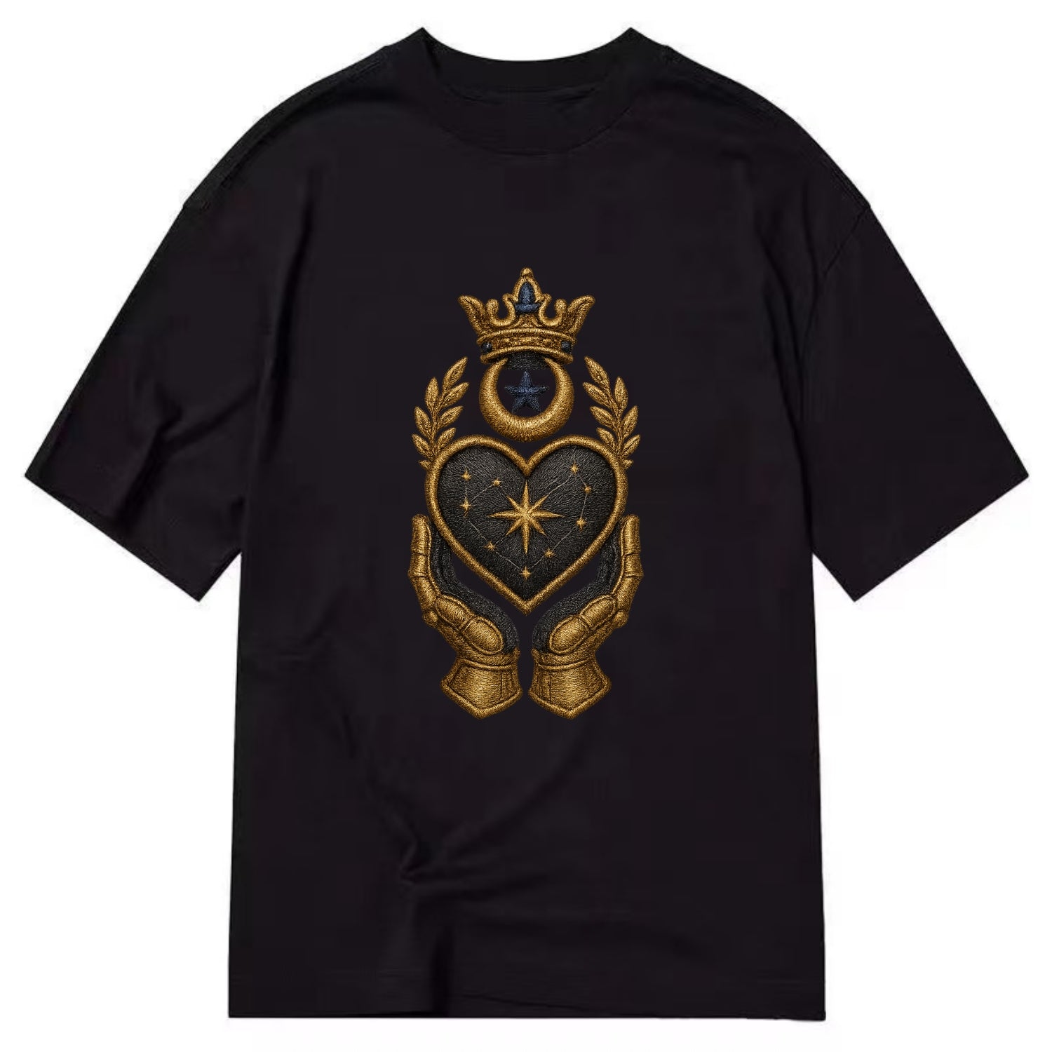 Crowned heart with Art Deco sunburst crown and geometric filigree hands cradling - Classic T-shirt - Black
