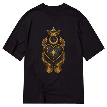 Crowned heart with Art Deco sunburst crown and geometric filigree hands cradling - Classic T-shirt - Black