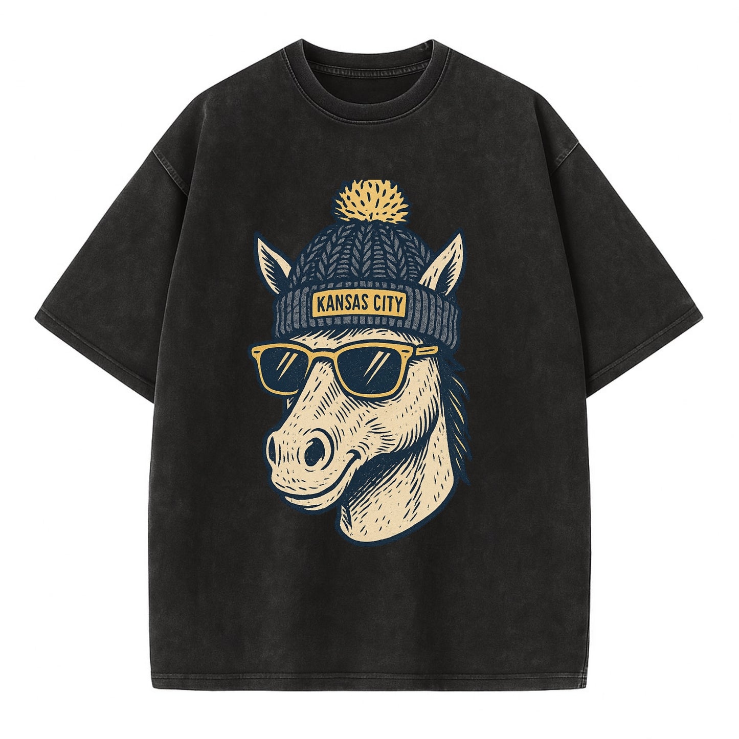 Missouri Mule wearing Kansas City beanie with pom pom and wayfarer sunglasses - Vintage T-shirt - Black
