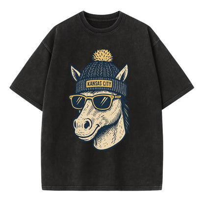 Missouri Mule wearing Kansas City beanie with pom pom and wayfarer sunglasses - Vintage T-shirt - Black