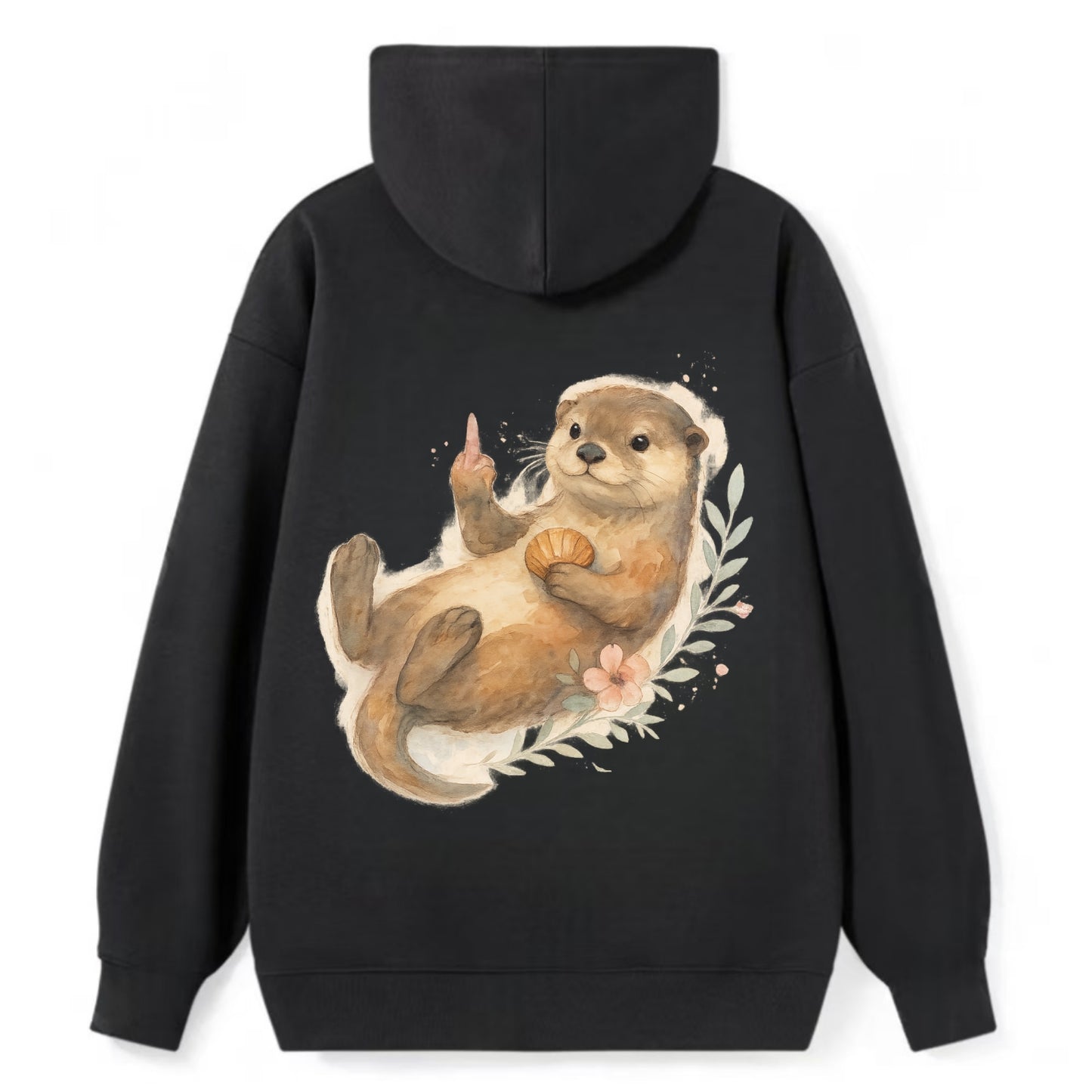 adorable otter floating on back, middle finger up while holding a - Classic Pullover Hoodie - Black