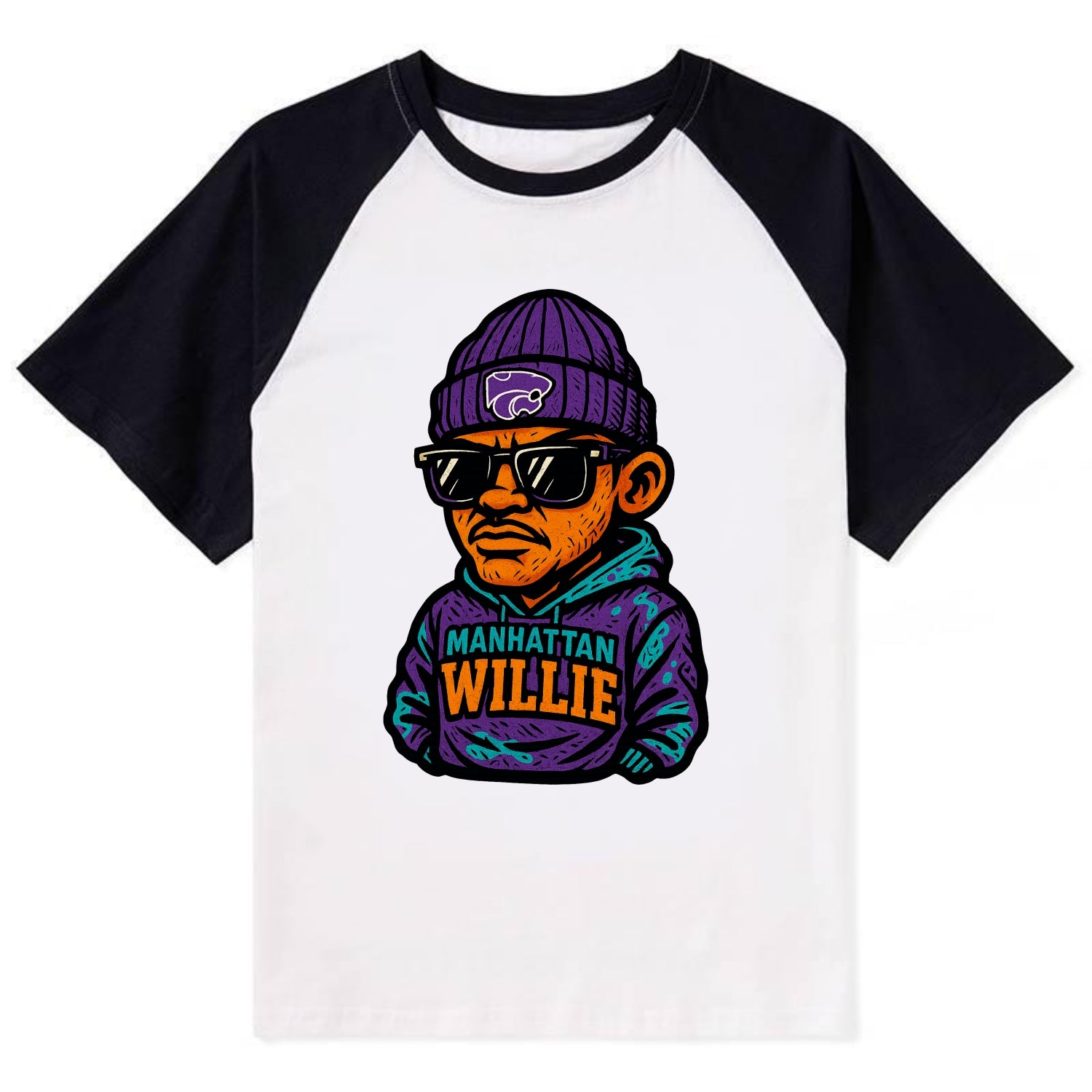 Manhattan Willie wearing Kansas State beanie with powercat patch - Contrast Raglan T-shirt - Black