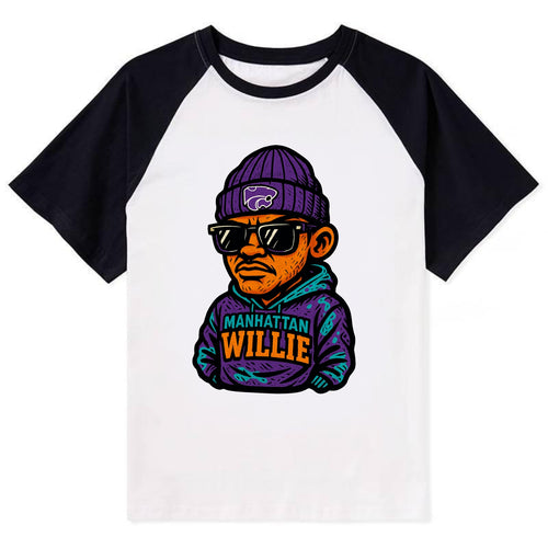 Manhattan Willie wearing Kansas State beanie with powercat patch - Contrast Raglan T-shirt