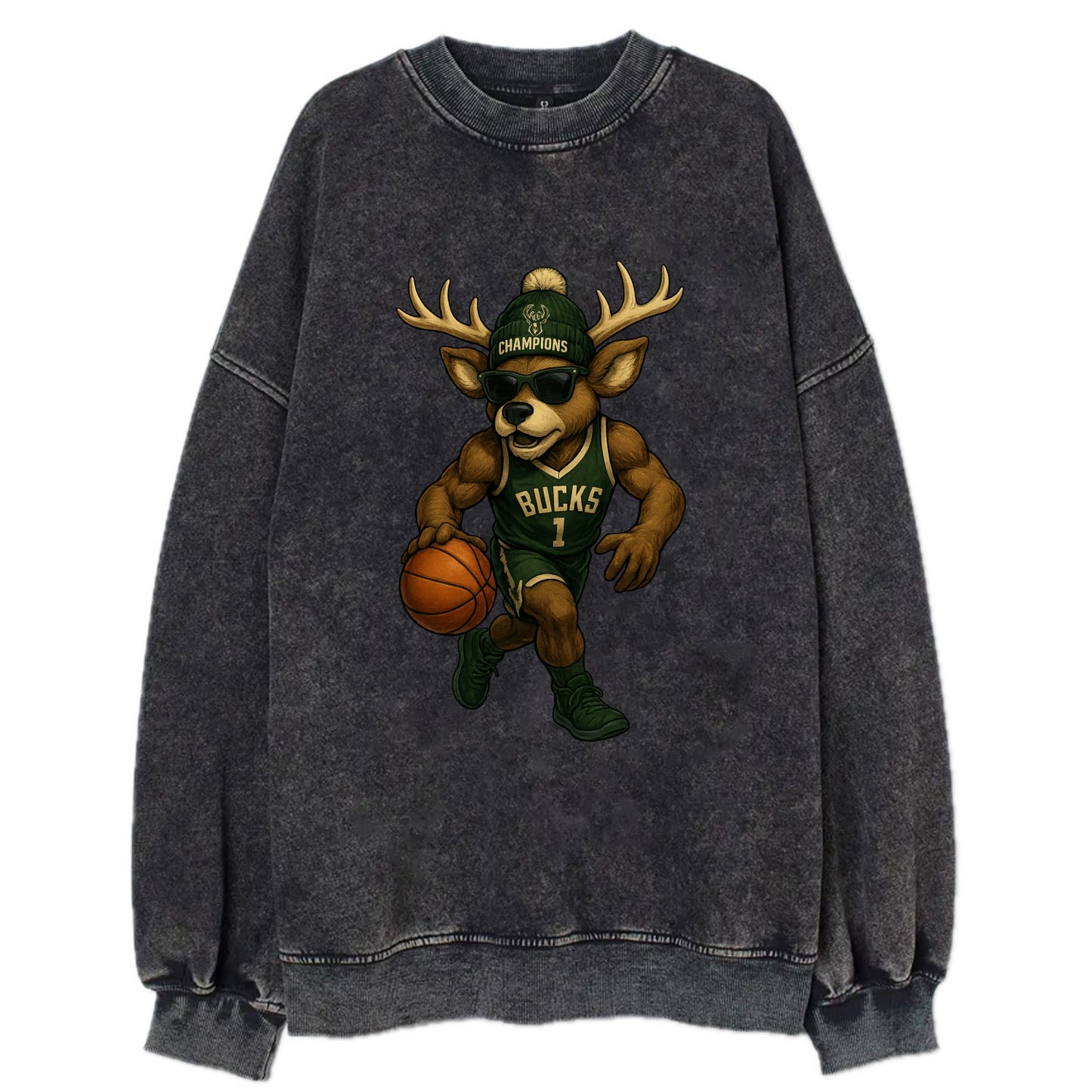Milwaukee Buck Deer wearing Bucks green and cream beanie with antlers and - Vintage Sweatshirt - Black