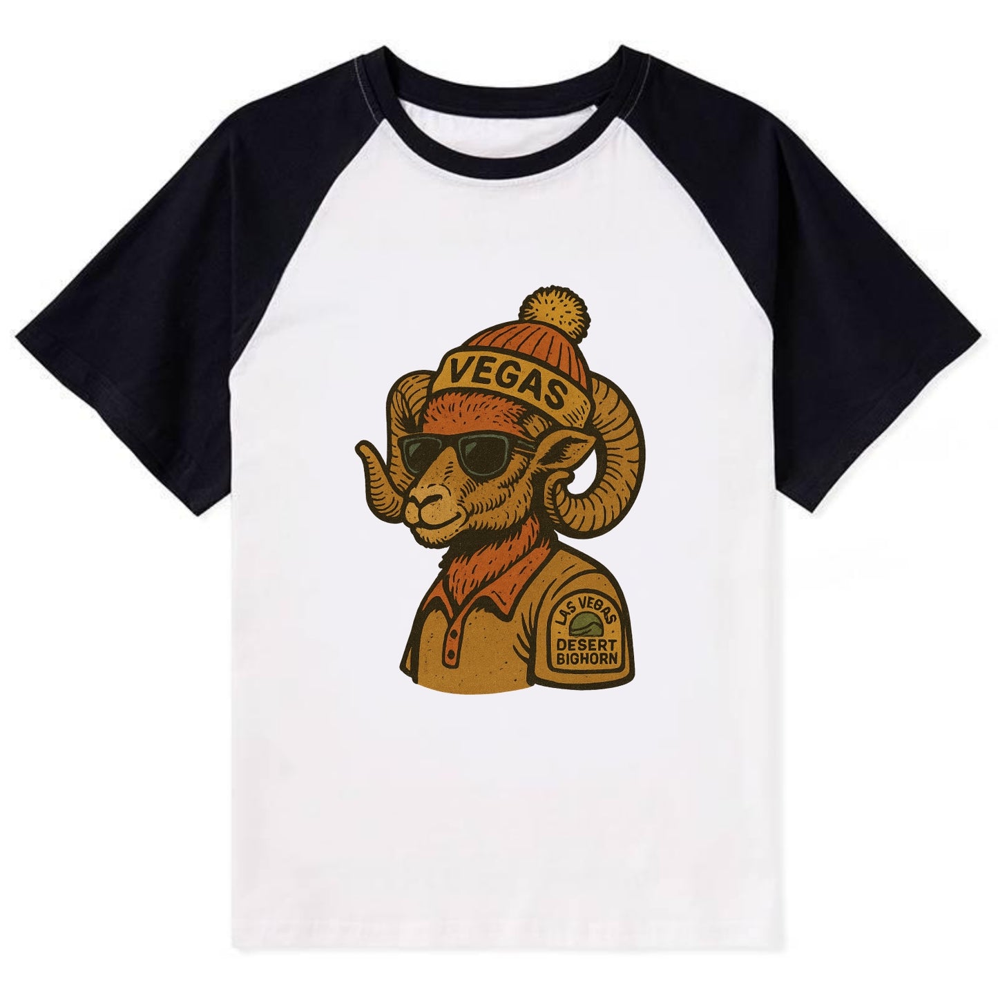 Las Vegas Desert Bighorn wearing Vegas beanie with pom pom and wayfarer - Contrast Raglan T-shirt - Black