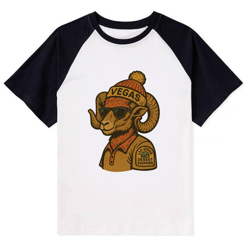 Las Vegas Desert Bighorn wearing Vegas beanie with pom pom and wayfarer - Contrast Raglan T-shirt