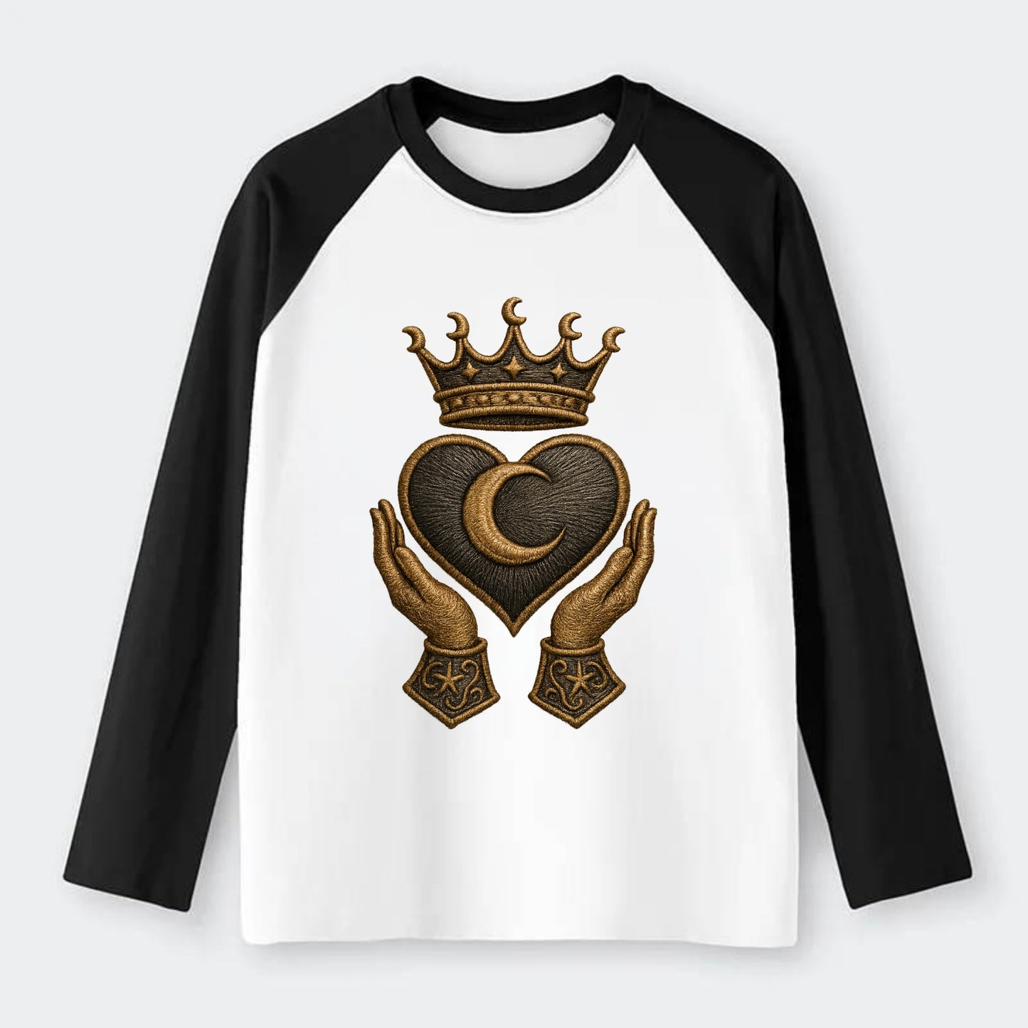 Moonlit crescent crown cradling a hematite heart with stargazer hands - Raglan Long Sleeve T-Shirt - Black