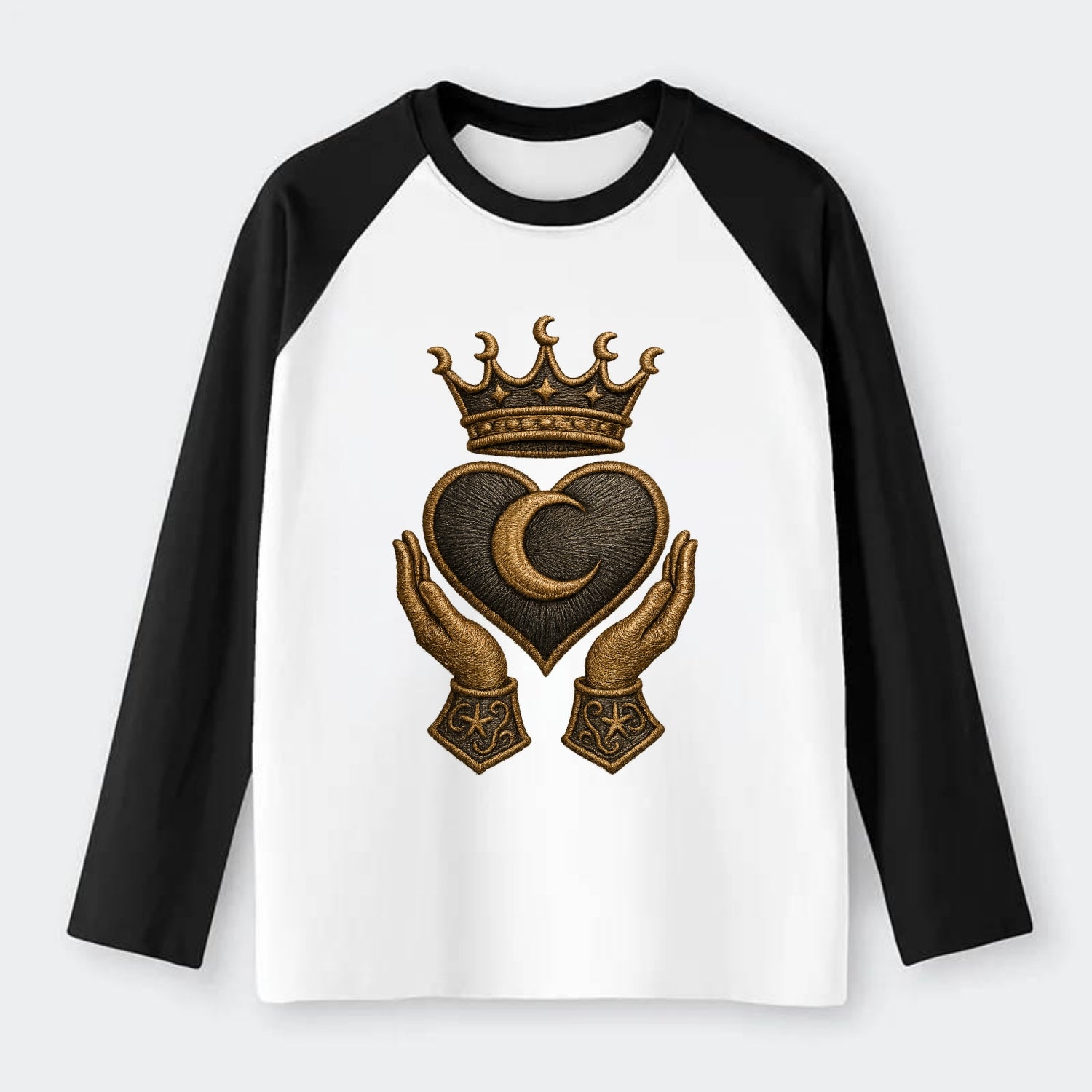 Moonlit crescent crown cradling a hematite heart with stargazer hands - Raglan Long Sleeve T-Shirt - Black