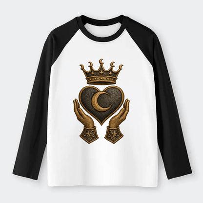 Moonlit crescent crown cradling a hematite heart with stargazer hands - Raglan Long Sleeve T-Shirt - Black